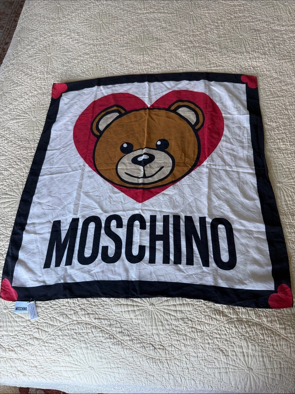 Moschino White, Red & Brown Bear Heart Logo scarf
